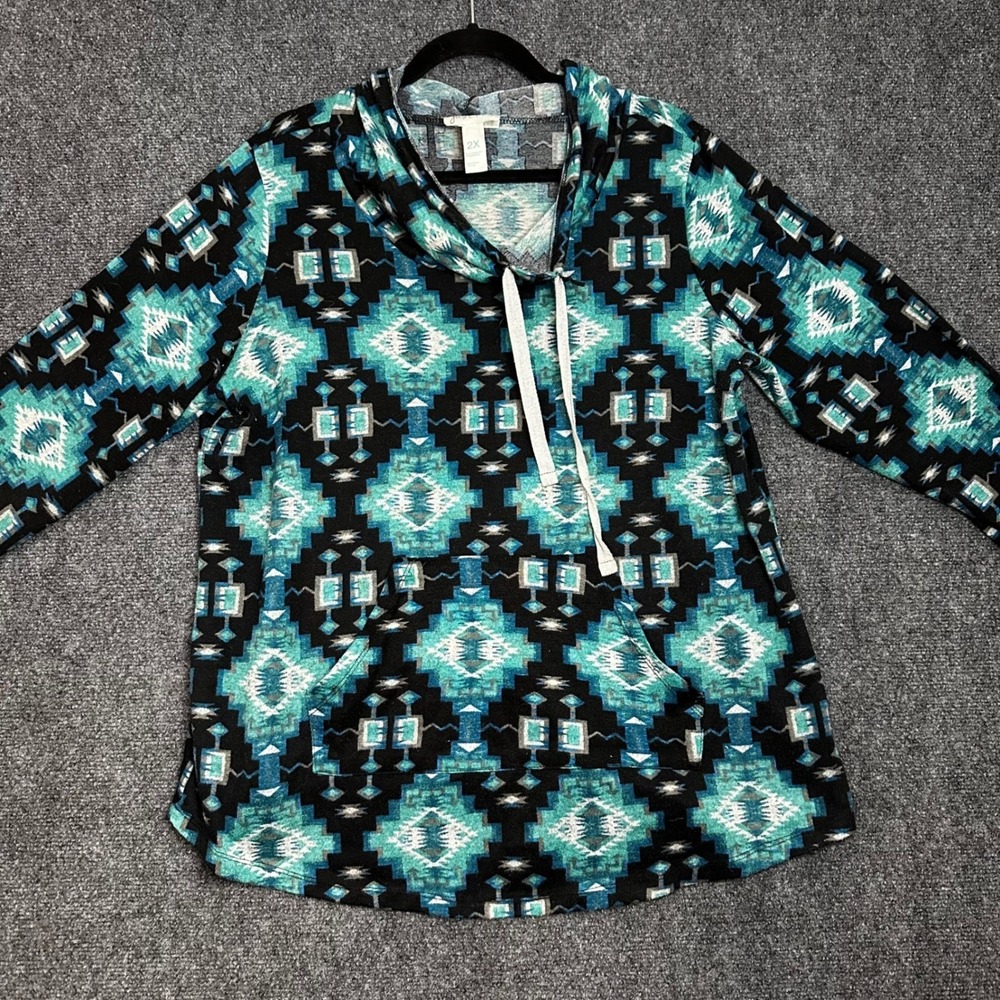 Just Be Southwestern Aztec Print Hoodie Teal Black Geometric Pullover 2X